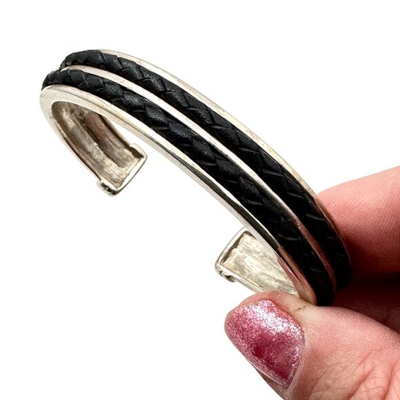 Joseph Esposito Womens Bracelet Sterling Silver Black Leather Cuff - Picture 5 of 5